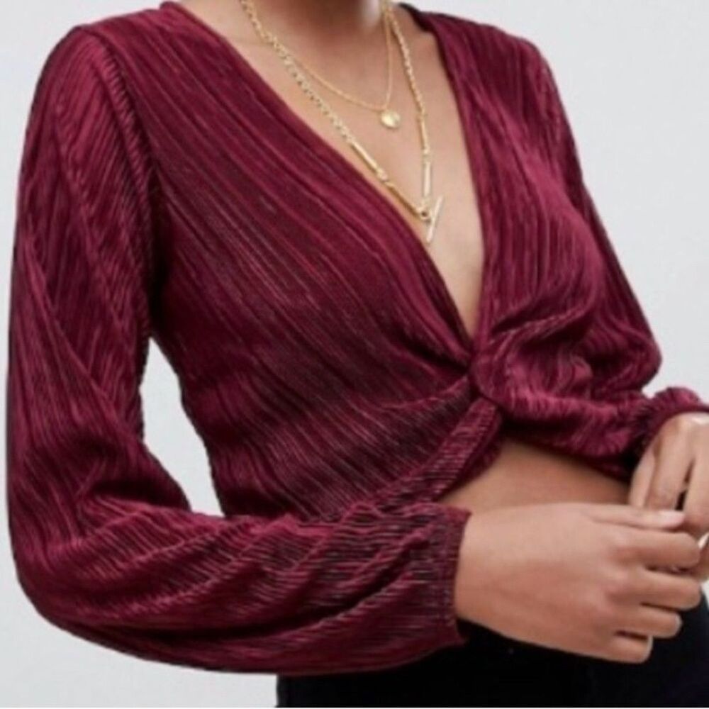 ASOS Red Plunge Crop Top Size 4 Cropped Wrap Twist Wine Burgundy NYE shiny sexy